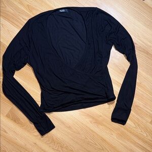 Michael Lauren Black Long Sleeve Wrap Splice Top Size Large Viscose Made in USA
